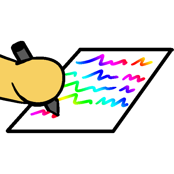 A yellow hand writing scribbles on a white piece of paper. The text is rainbow.